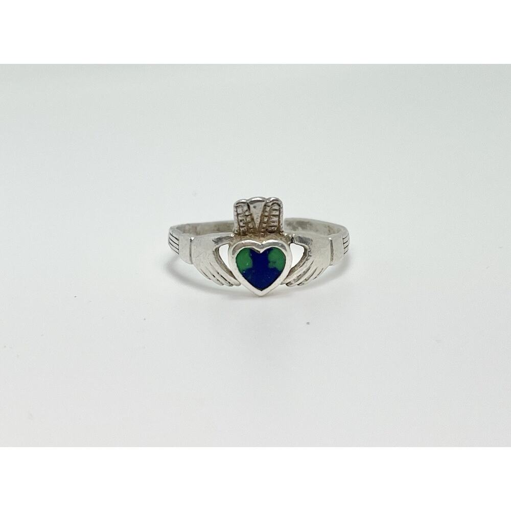 1970s Vintage Sterling Silver .925 & Blue Green Lapis Claddagh Ring, Size 7 - Picture 2 of 5